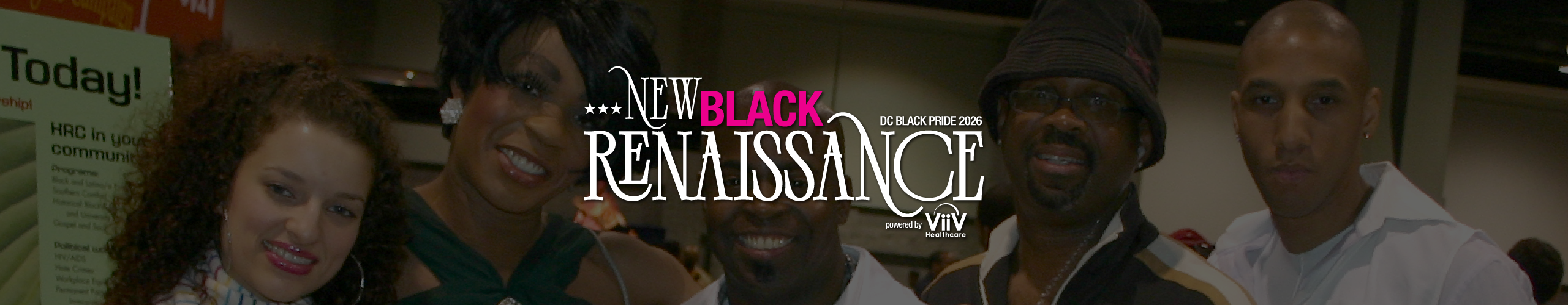 Dark event photo of five people posing together at a crowded gathering, overlaid with the words “New Black Renaissance,” “DC Black Pride 2026,” and “powered by ViiV Healthcare.